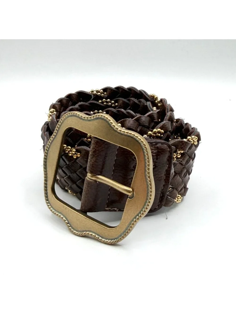 Kathy Van Zeeland Brown Braided Leather Belt w/ Bead Detail Boho Festival